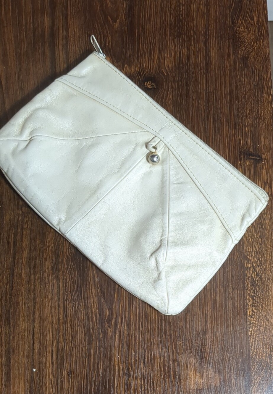 Vintage 80s Cream Genuine Leather Patchwork Zip Pouch Clutch Bag Minimalist